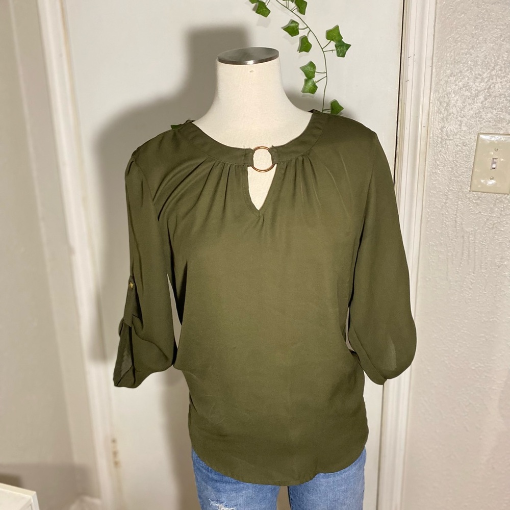Elegant Olive Blouse with Keyhole Detail